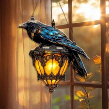 Gothic Raven on Lantern Acrylic Suncatcher Halloween Crow Lamp Gothic Suncatcher