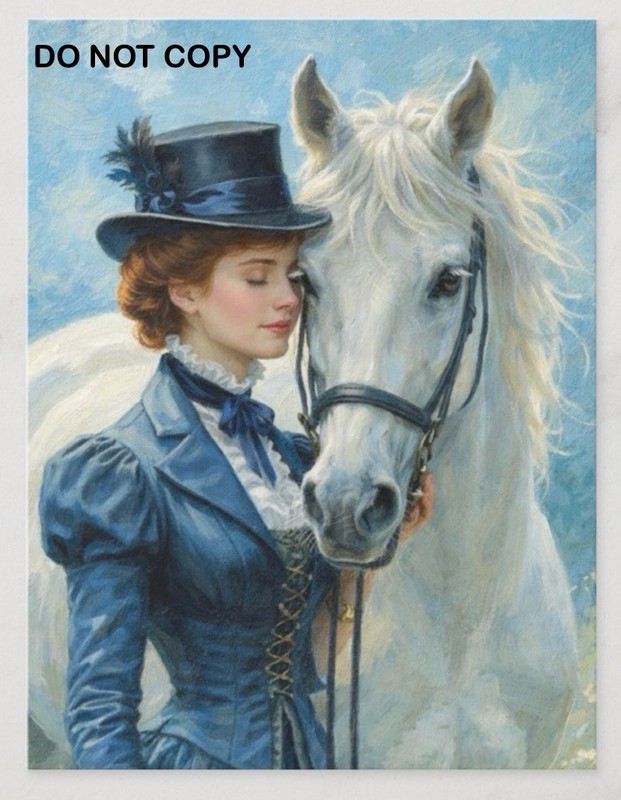 POSTCARD VINTAGE LADY IN BLUE WHITE HORSE PAINTING COPY ART PRINT 4.25”x5.5”