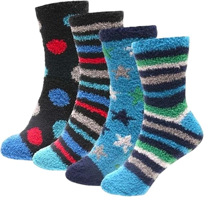 GM APPAREL 4 Pairs Boys Fluffy Slipper Bed Socks Non-Skid Gripper Warm Cosy Sock Gift