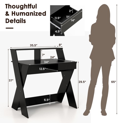 Study Writing Table Computer Desk Small Space w/ Drawer & Monitor Stand Black - Picture 2 of 9