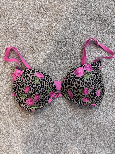 PINK Women’s 32B T-Shirt Bra Leopard & Rose Print Adjustable Straps