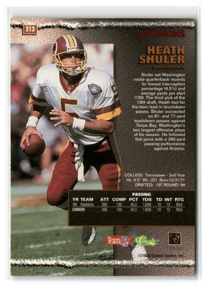 1995 Classic Pro Line Football Heath Shuler #313 Washington Redskins - Image 2 of 2