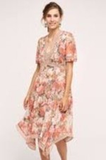 Anthropologie Ranna Gill Rose Floral V Neck Bouquet Dress Lace Detail Sz 2
