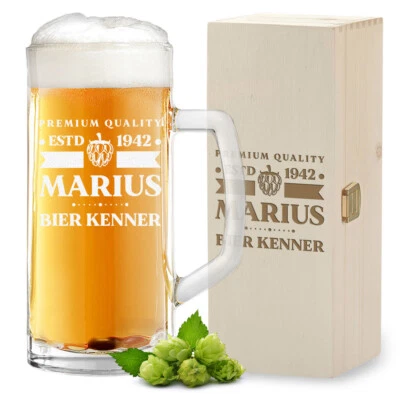 2-TLG Ensemble-Cadeau Chope à Bière Et Boîte en Bois avec Gravure - pour Hommes - Photo 1/4