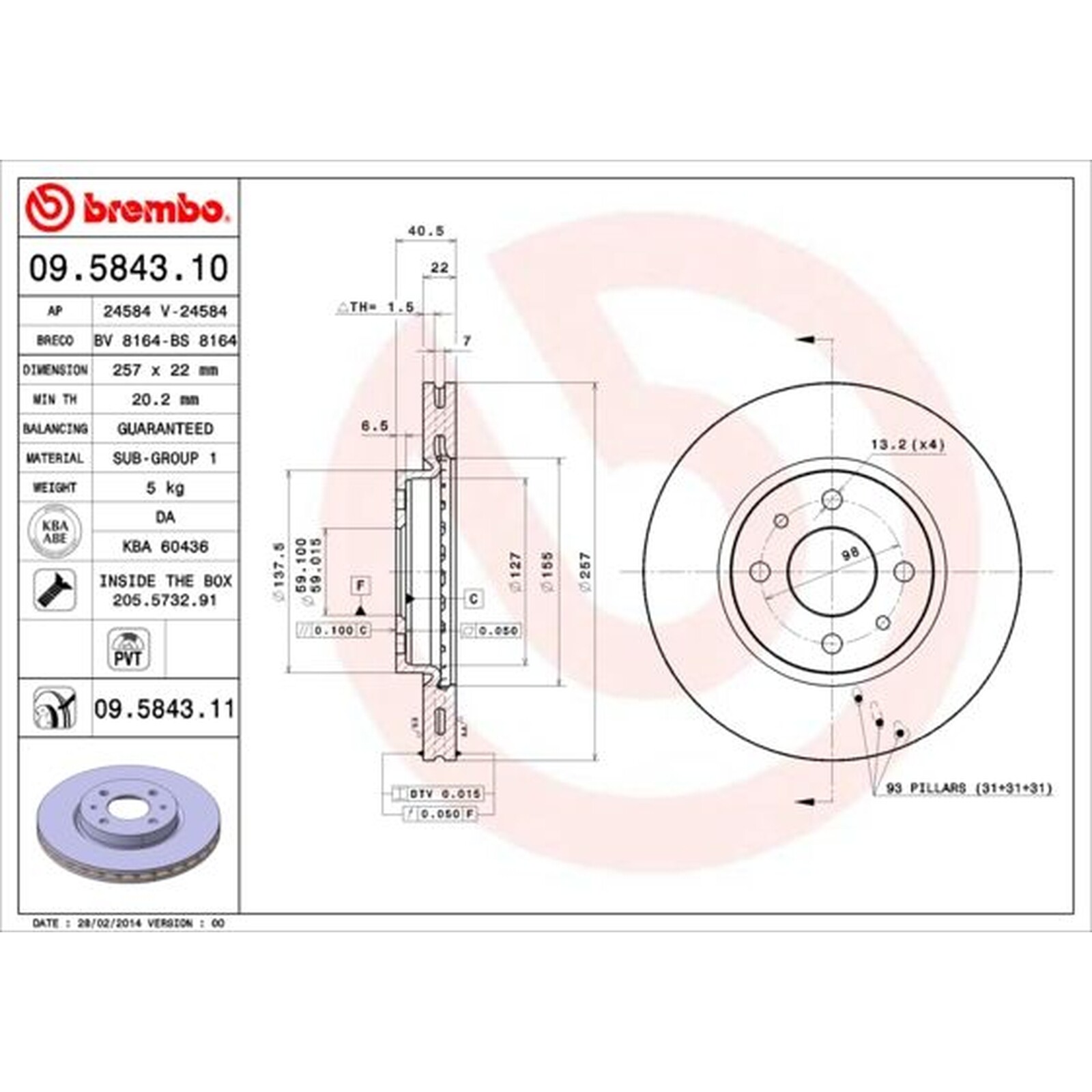 BREMBO Pair UV Coated Brake Discs 09.5843.11