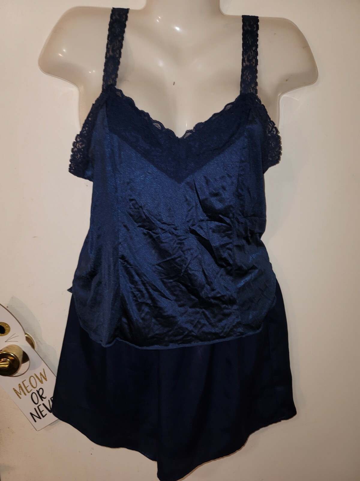 Navy Blue Pajama Set Short Silky Nylon Women's s/m vintage b19