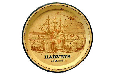 Vintage Harveys of Bristol Advertising Tin Tray Ship & Barrels Nautical Design