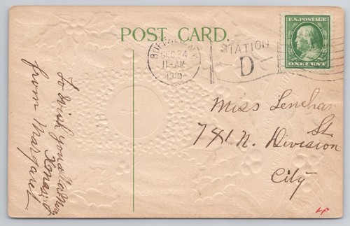 A Merry Xmas and Happy New Year Clock of Blue Flowers c1910 Postcard - Picture 2 of 2