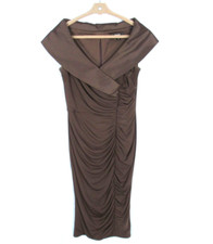 TADASHI Brown RUCHED Stretch Knit WIDE PORTRAIT COLLAR Bodycon Cocktail Dress S