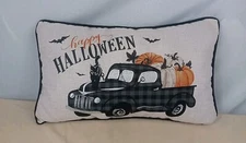 Happy Halloween Throw Pillow Black Cat On Vintage Truck & Pumpkins Fall Pillow