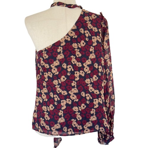 POLO RALPH LAUREN GEORGETTE TIE NECK ONE SHOULDER BLOUSE IN BURGUNDY NWT SIZE 6 - Picture 2 of 15