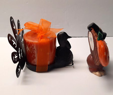 Thanksgiving Candle Holder Turkey Black Colored Metal w/Orange Candle  Figurine