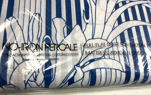 Vintage Martex No-Iron Percale Full Flat Sheet "Lillies on Stripes" New Made USA - Picture 2 of 4