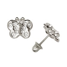 14k White Gold Zircon Butterfly Baby Screw Back Stud Earrings