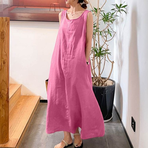 S-5XL Mujeres Algodón Lino Vestido Sin Mangas Damas Informal Cuello Redondo Maxi Solero - Imagen 11 de 34