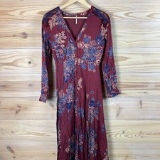 Free People Miranda Midi Dress 2 Wine Embroidery Sheer Floral Boho Peasant