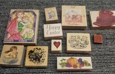 Lot Of Used 11 Wooden Stamps Featuring Easter, Fall, Religious, Halloween, Etc