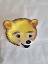 Vintage Ceramic Porcelain Yellow Teddy Bear Face Spoon Diaper Pin Holder 1955