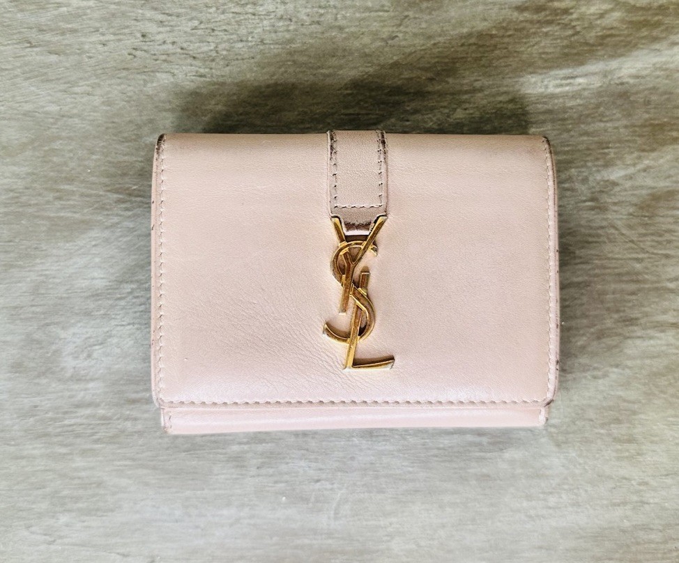 Authentic YSL Yves Saint Laurent Cassandra Leather Trifold Beige Compact Wallet