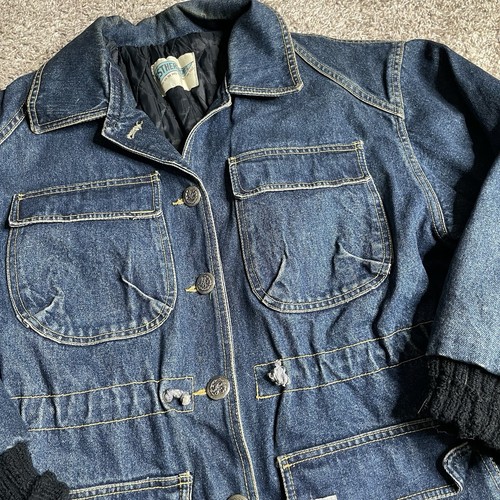 Vtg Denim Barn Coat Women’s XL Dark Wash Chore Button Distressed Grunge 70s Punk - Picture 2 of 10