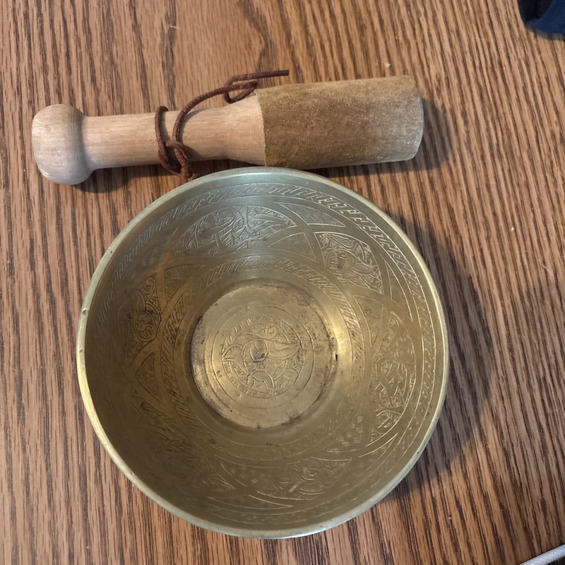Meditation Bowl and Stick - Small Vintage Etched Brass for Yoga and Peace