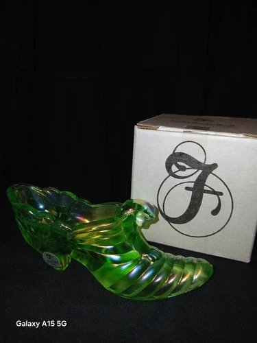 Fenton Green Glass Shoe Figurine Handmade Art Glass with Box