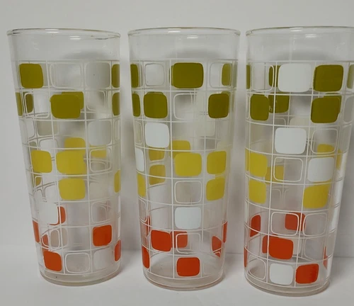 3 Anchor Hocking MCM Glass Tumblers Retro Color Square Geometric Glasses  VTG