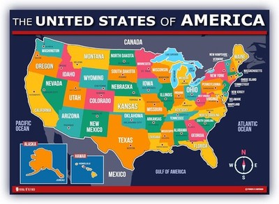 Map of  for Kids (18x24) Laminated 50 States and Capitals Large Poster Updated