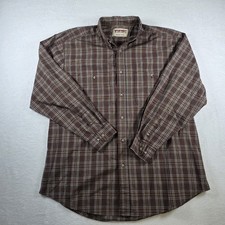 Wrangler Rugged Wear Men s XL Long Sleeve Button Down Shirt Brown Plaid Wrinkle
