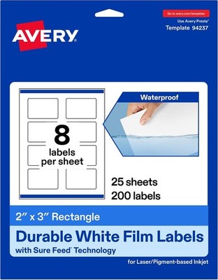 Avery Printable Durable White Rectangle Labels, Sure Feed Technology, 2'' x 3'', P