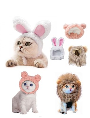 Cute Cat Hats 3-Pack - Lion Rabbit Pink Bear Costume Headwear for Kittens,Bun...