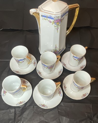 Porcelain Floral Tea Set Gold Trim Teapot 6 Cups Saucers White Purple