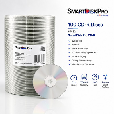 100 x SmartDisk Pro Verbatim CD-R 52x 700MB Rohling Shiny Silver 69832