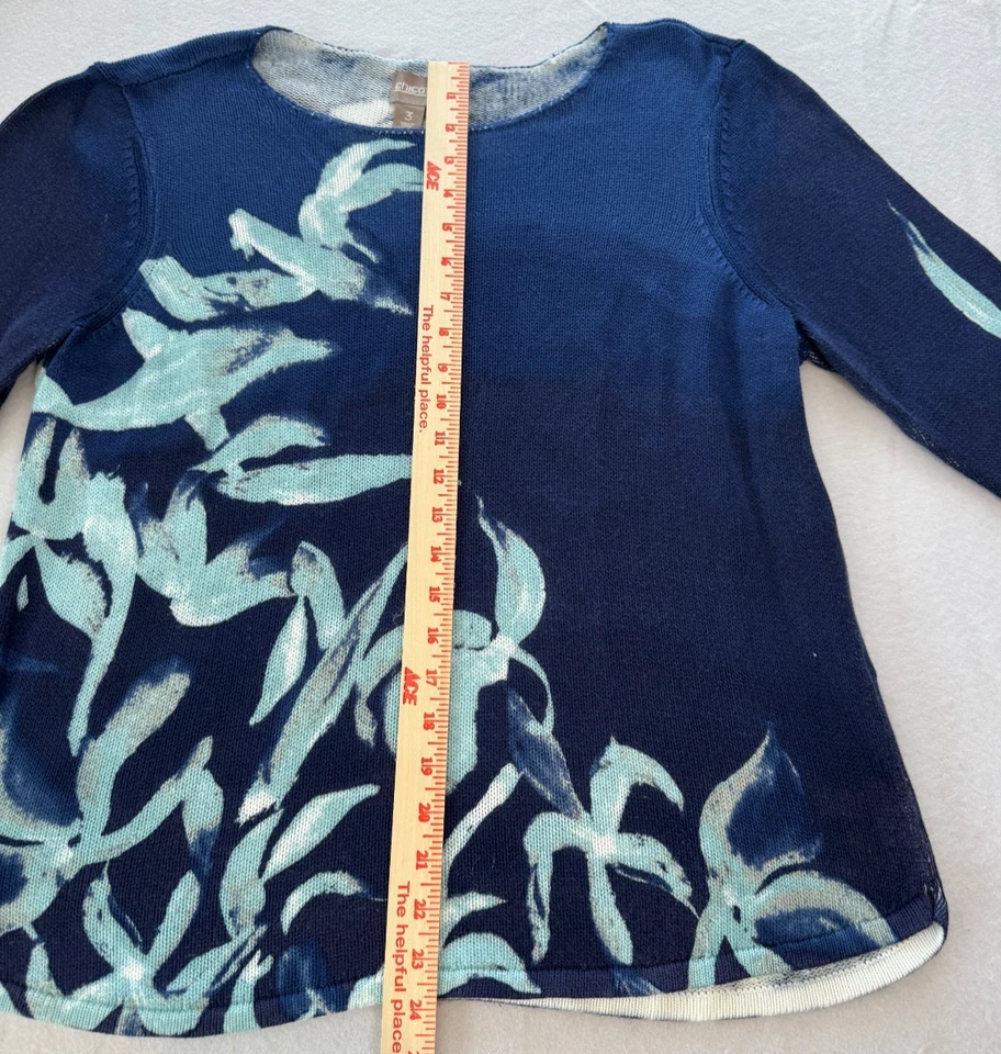 Suéter Chico's Talla 3 Mujer XL Azul Blanco Aqua Floral Mezcla Algodón Manga Larga Foto 3 de 4