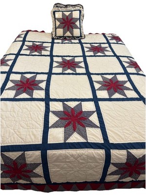 Vintage Handmade Patchwork 8 Point Star Quilt 102x90 Lg Shabby Chic Cottage