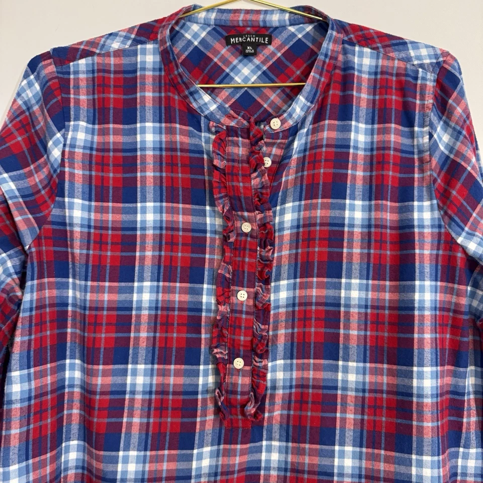 J. Blusa cuadrada de franela a cuadros roja azul Crew tapeta con volantes vacaciones de Navidad XL Foto 2 de 4