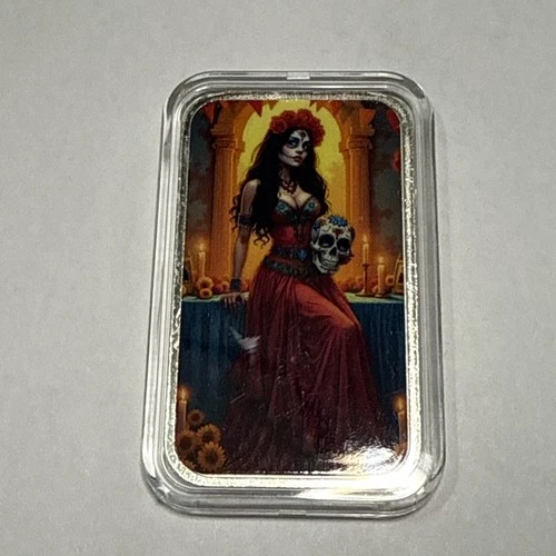 Bullion Baddies II Carlita Calavera Color 1oz .999 Pure Silver Bar w/COA Capsule