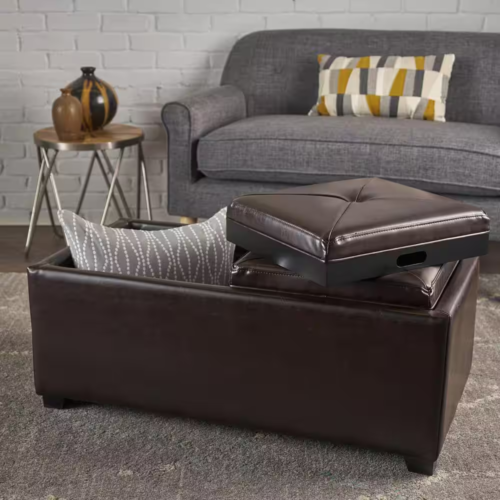 Brown Bonded Leather Tray Top Storage Ottoman NEW Footrest Coffee Table