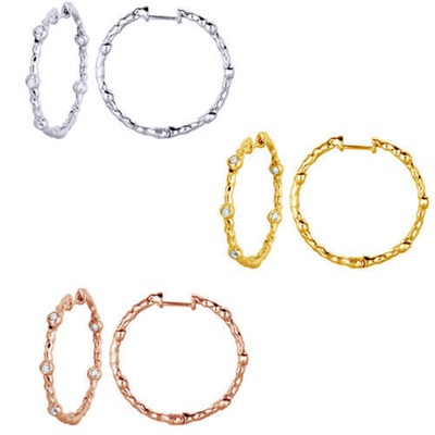 Unique Diamond Inside Out Hoop Earrings 14k Gold Hammered