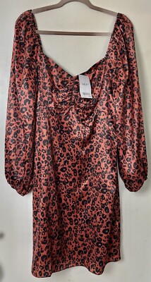 NEXT Red Satin Leopard Print Long Sleeve Midi Dress Size UK 18