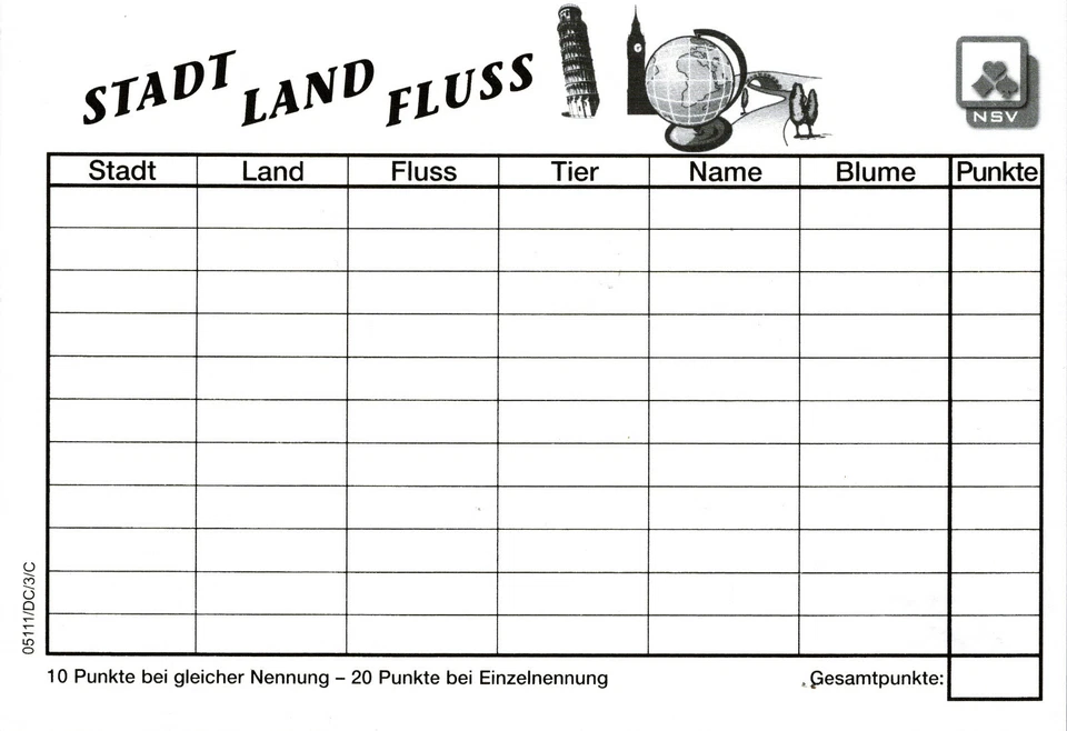 Stadt Land Fluss Denkspiel 40er Block Schreibblock Spiel Notizblock Karten NEU