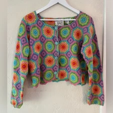 RARE Vintage 90s Michael Simon Crochet Knit Cardigan Granny Squares Rainbow 1996