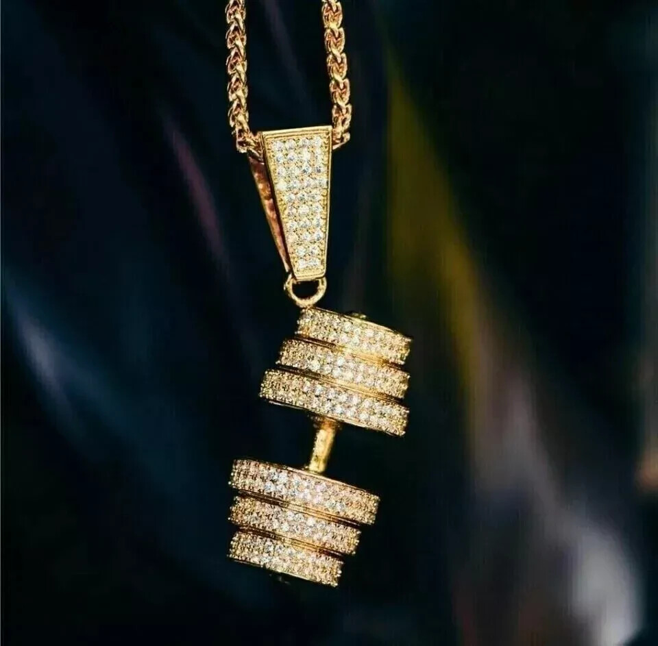 2Ct Round Lab-Created Diamond 14k Yellow Gold Plated Dumbbell Pendant Men's