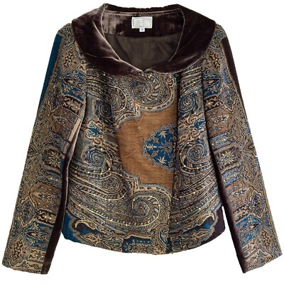 VTG ALBERTO MAKALI Size S Brown Brass Tan Teal Wool Velvet Sequin Beaded Jacket