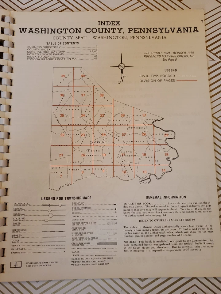 Libro Atlas y Plat 1974 del condado de Washington Pennsylvania de colección raro Foto 4 de 4