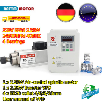 【DE】2.2KW Square Spindle VFD 220V ER20 Air Cooled Motor Inverter CNC Milling Kit