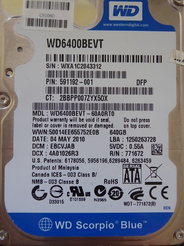 Western Digital WD6400BEVT-60A0RT0 | DCM: EBCVJAB | 04 MAY 2010 | 640GB