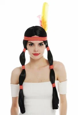 Perücke Damen Karneval lang Indianerin Indianer-Frau Zöpfe schwarz Kopfschmuck - Bild 1 von 4