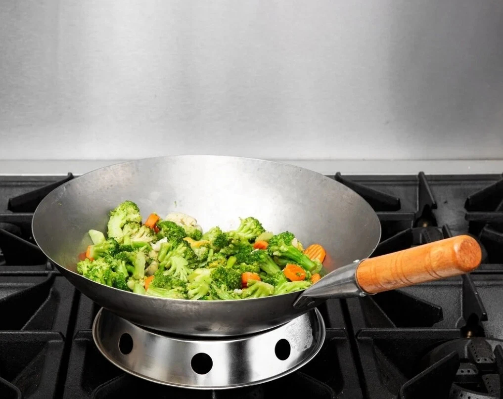 14" Round Bottom Carbon Steel Wok Authentic Hand Hammered Mandarin w/ Wok Ring