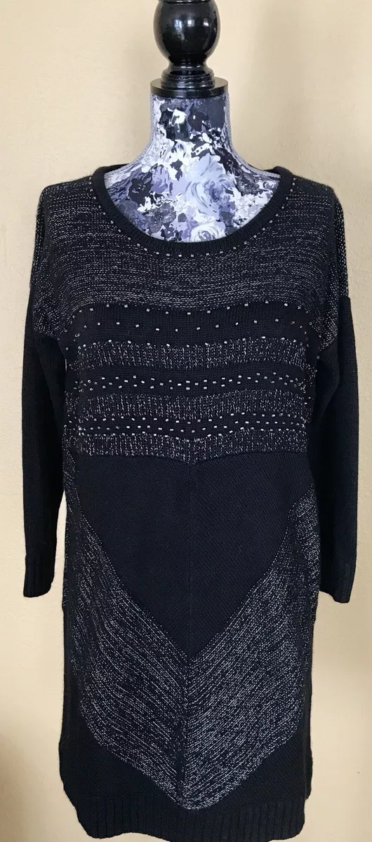 Beautiful French LAUREN VIDAL Black Wool Blend Sweater Dress Sz M